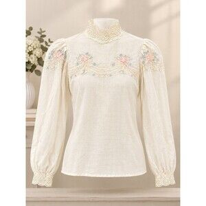 Vtg 70s 80s Alexandria High Neck Blouse Size 6 Linen Cotton Embroidered Lace Top